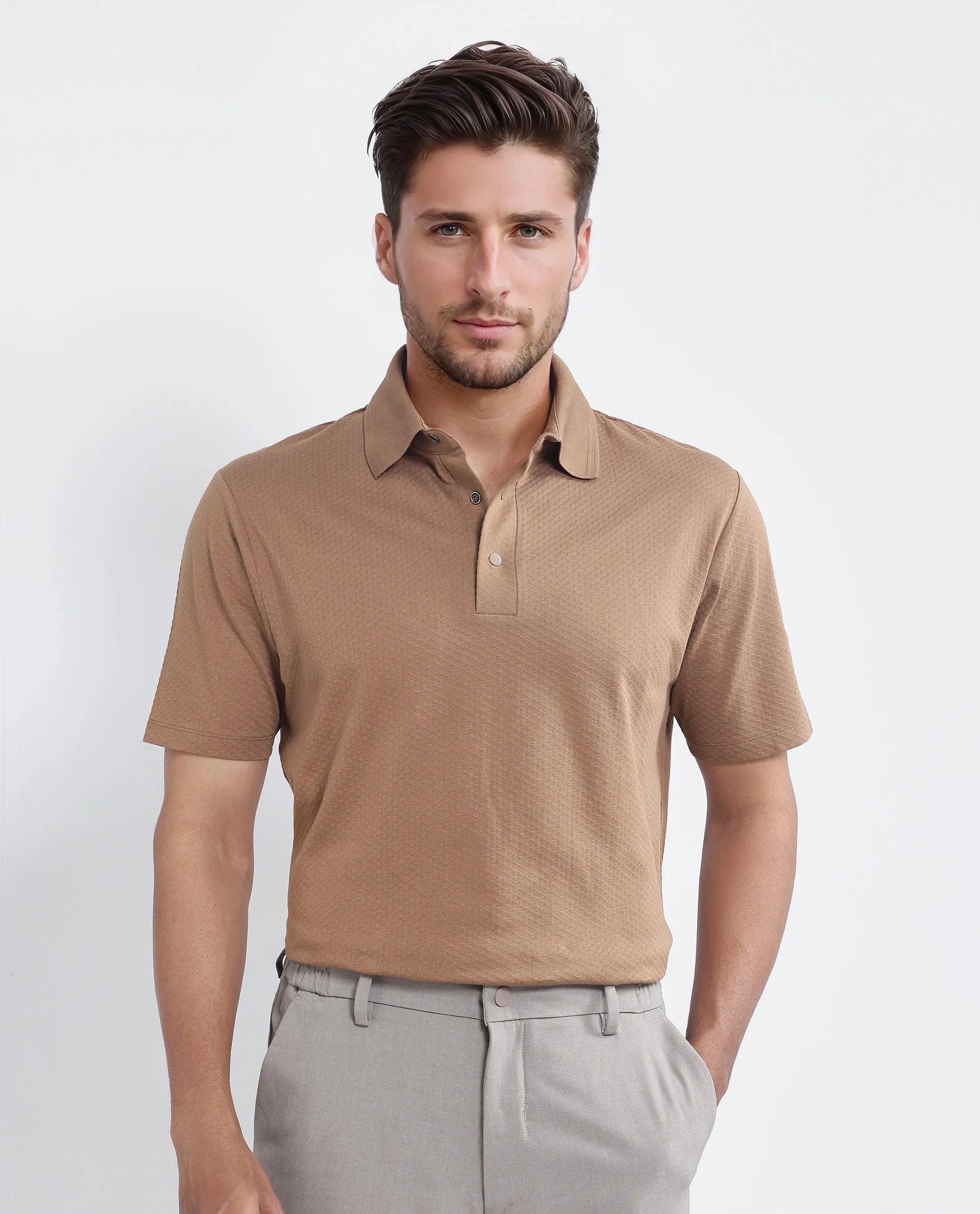 Rare Rabbit Men's Nark Dusky Brown Cotton Textured Regular Fit Half Sleeve Polo