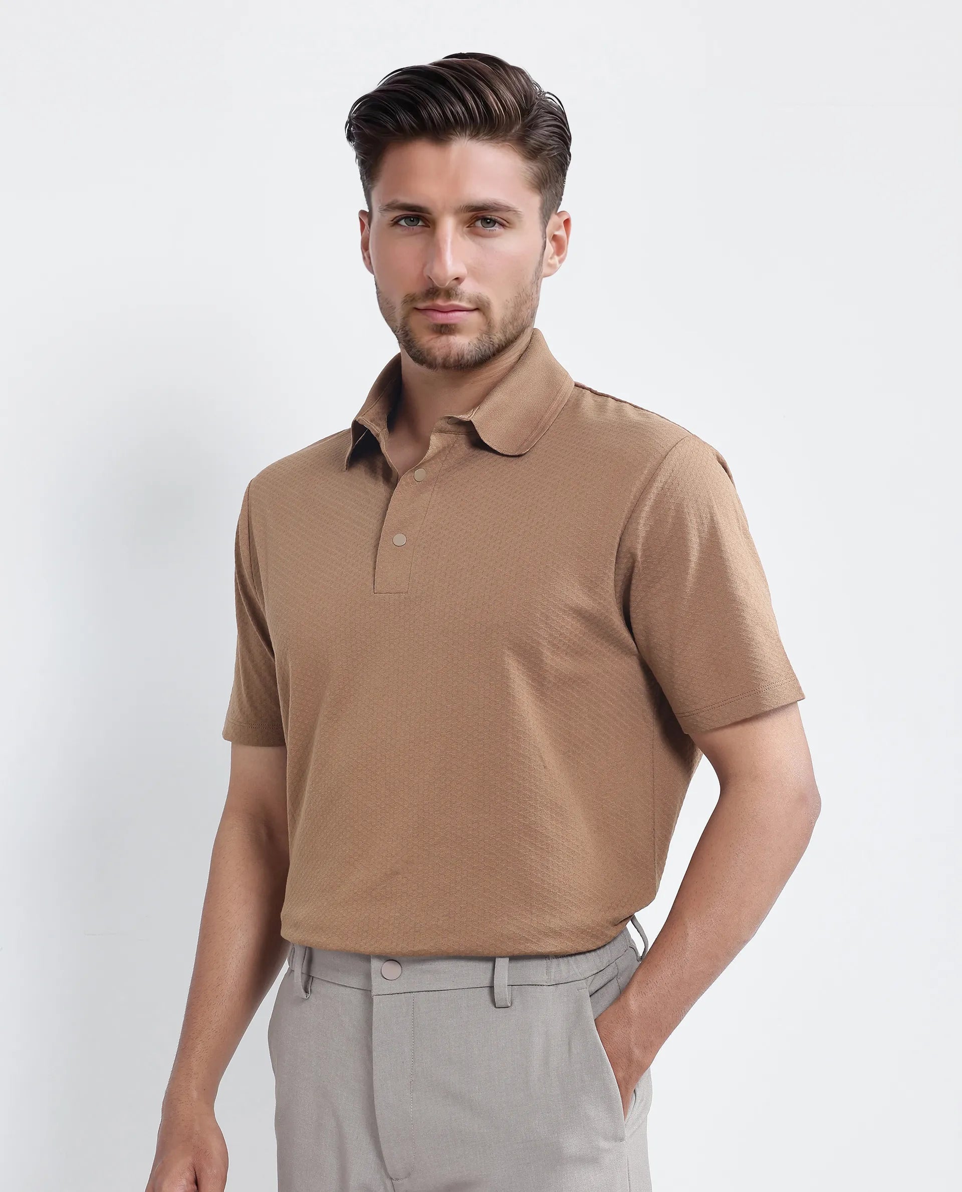 Rare Rabbit Men's Nark Dusky Brown Cotton Textured Regular Fit Half Sleeve Polo