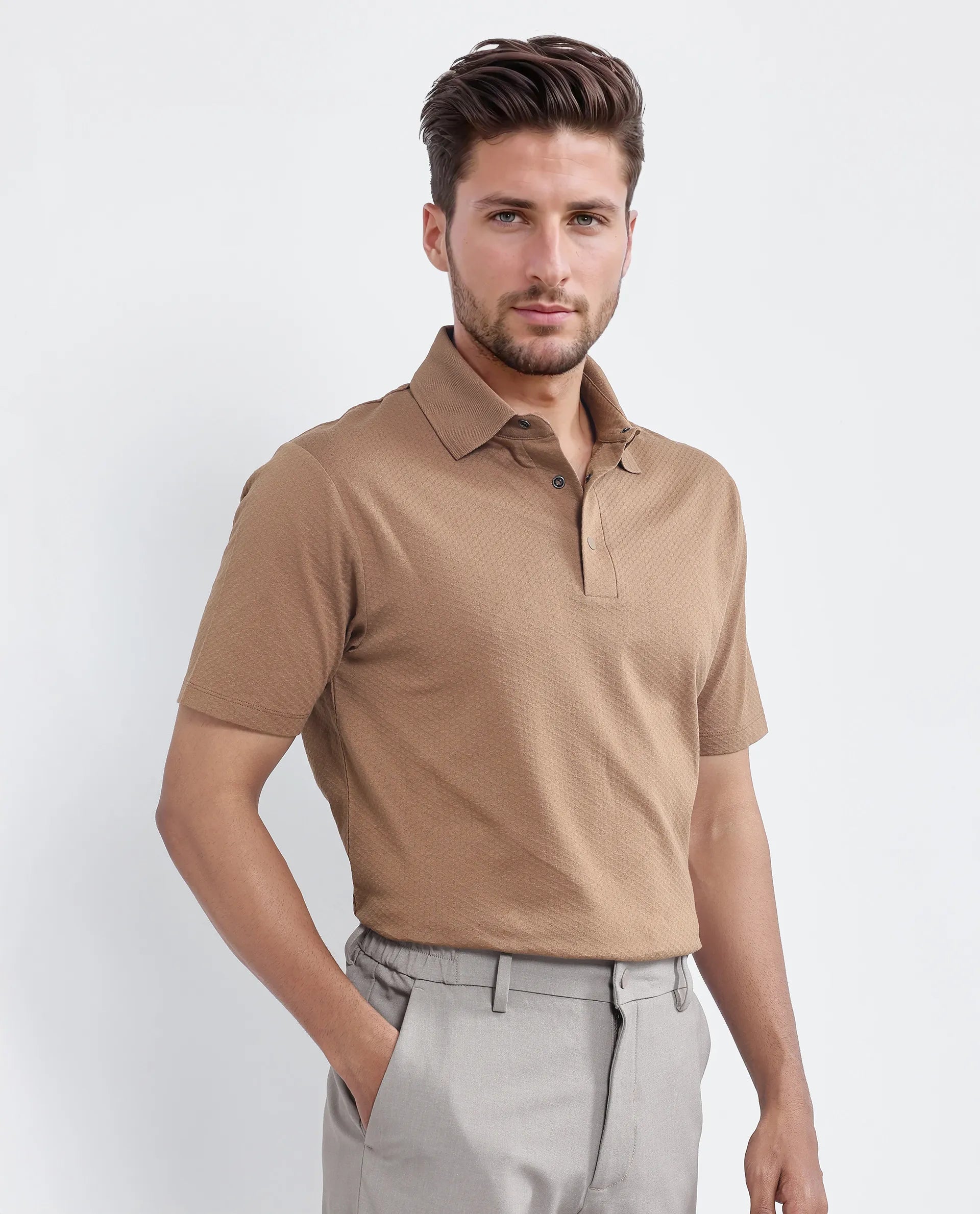 Rare Rabbit Men's Nark Dusky Brown Cotton Textured Regular Fit Half Sleeve Polo