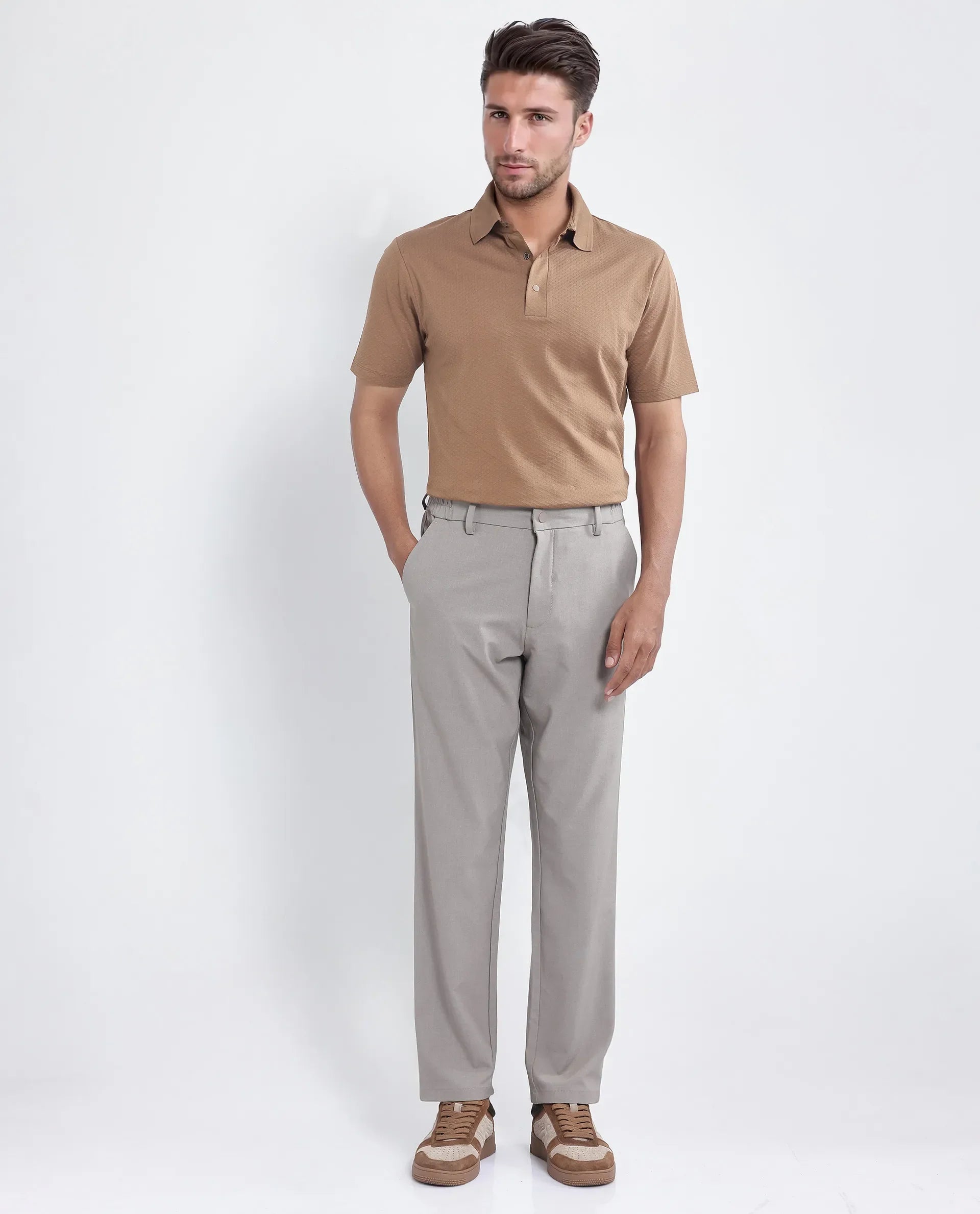 Rare Rabbit Men's Nark Dusky Brown Cotton Textured Regular Fit Half Sleeve Polo