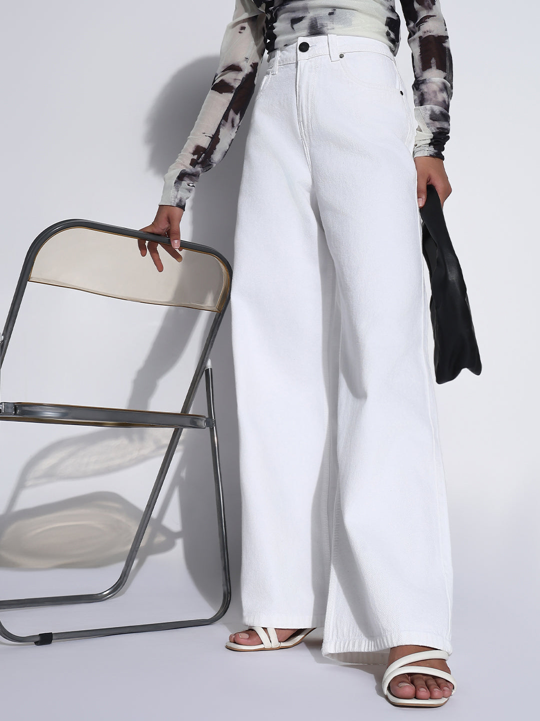 Women's Solid White Wide Leg Jeans