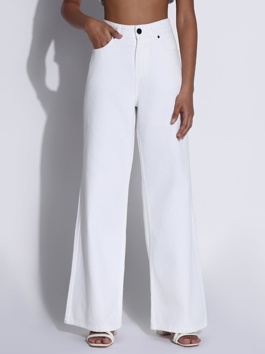 Women's Solid White Wide Leg Jeans
