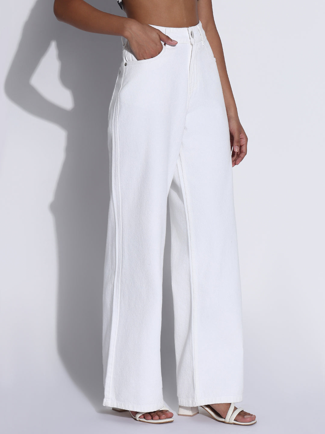 Women's Solid White Wide Leg Jeans