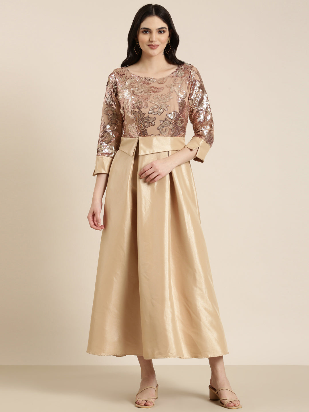 Women's Gold Embellished Fit & Flare Dress