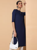 Women's Straight Navy Blue Solid Kurta