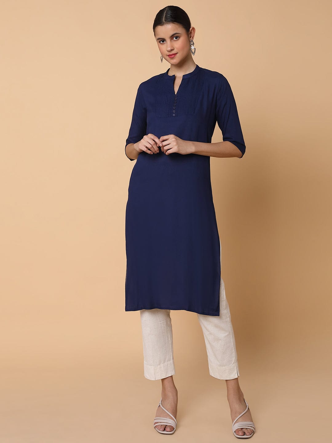 Women's Straight Navy Blue Solid Kurta