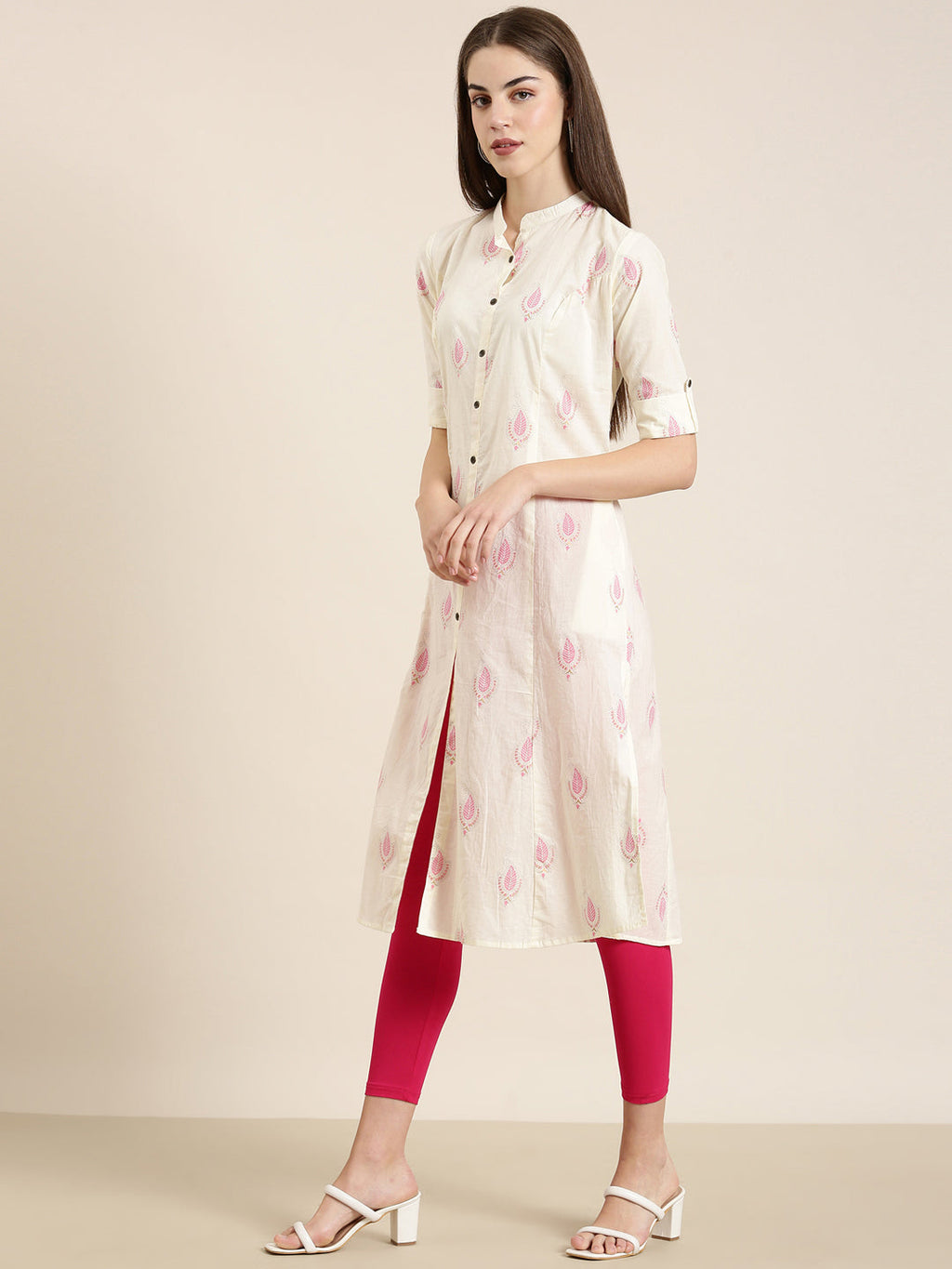 Women's Cream Floral Printed Roll-Up Sleeves A-Line Kurta