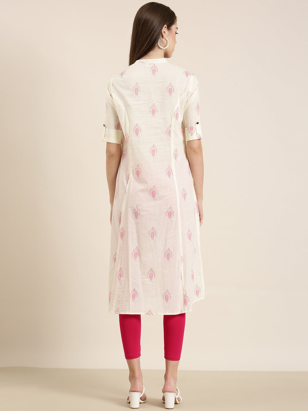 Women's Cream Floral Printed Roll-Up Sleeves A-Line Kurta
