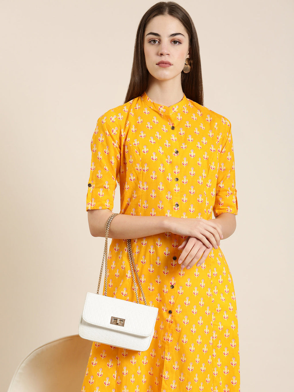 Women's Orange Floral Printed Mandarin Collar Roll Up Sleeves A-Line Kurta