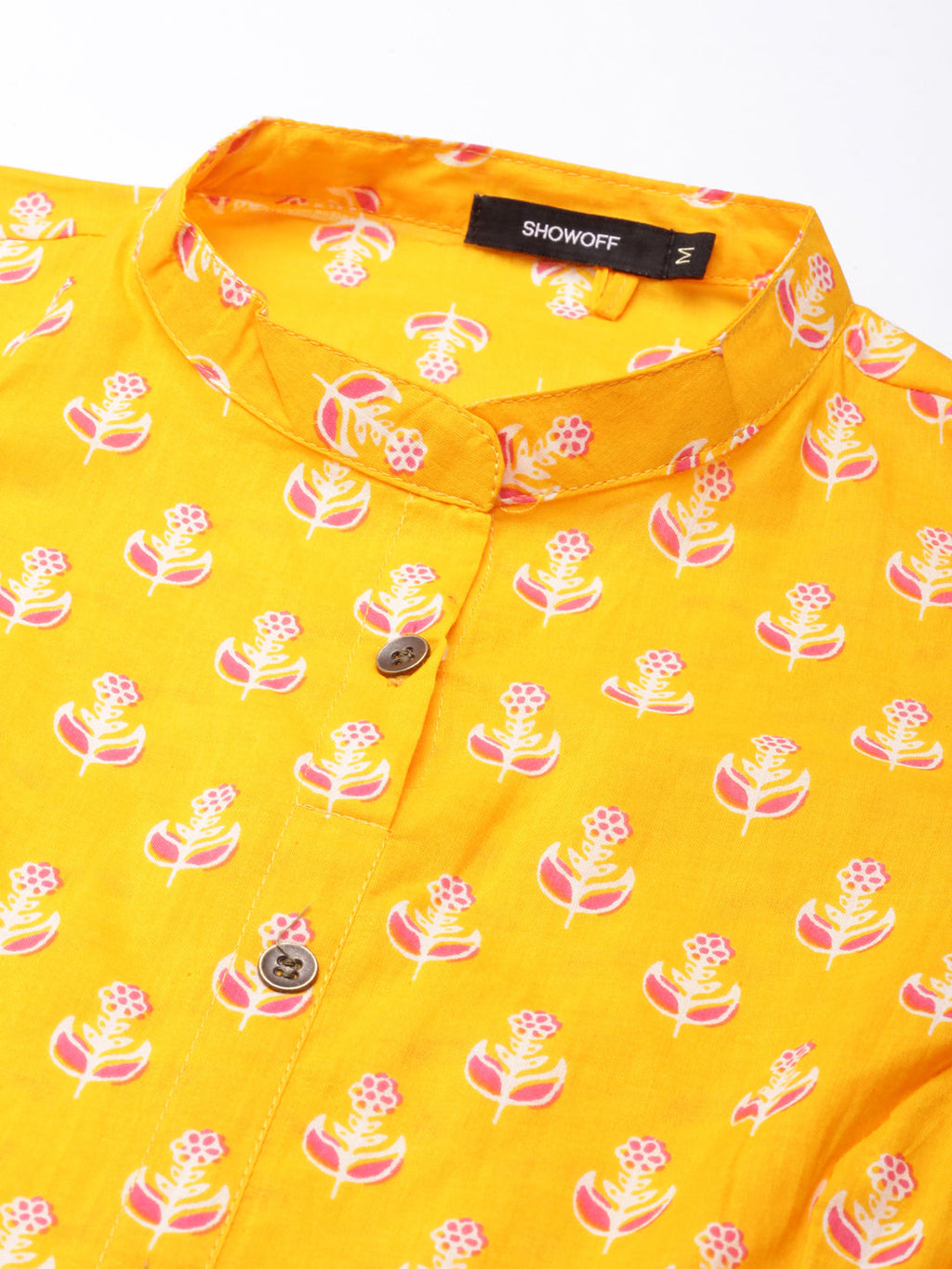 Women's Orange Floral Printed Mandarin Collar Roll Up Sleeves A-Line Kurta