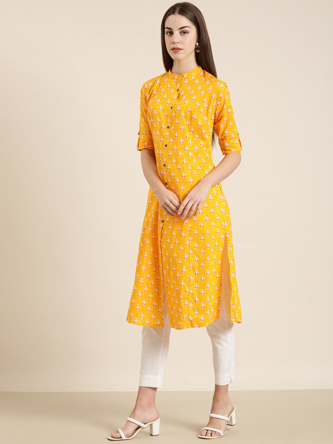 Women's Orange Floral Printed Mandarin Collar Roll Up Sleeves A-Line Kurta