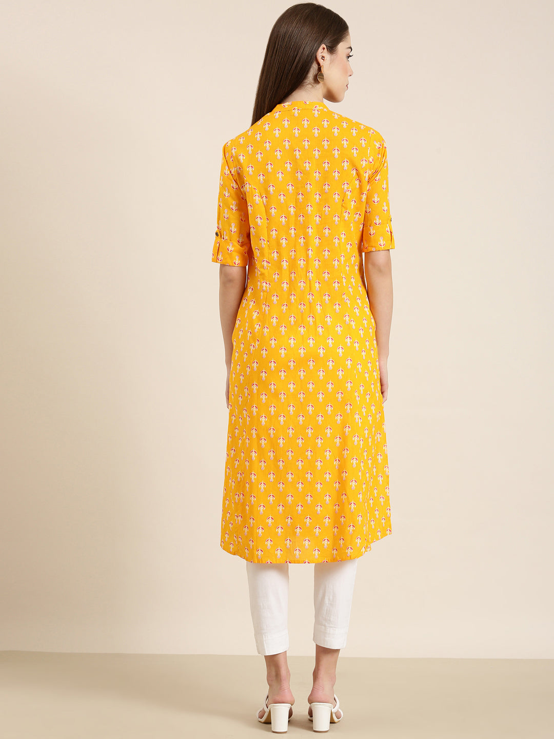 Women's Orange Floral Printed Mandarin Collar Roll Up Sleeves A-Line Kurta