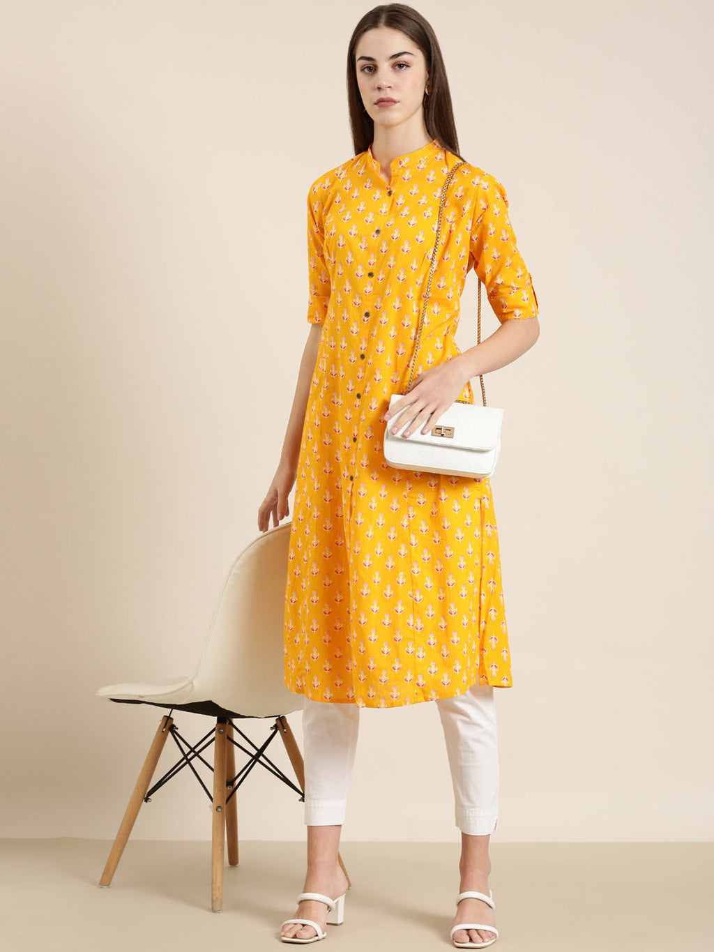 Women's Orange Floral Printed Mandarin Collar Roll Up Sleeves A-Line Kurta