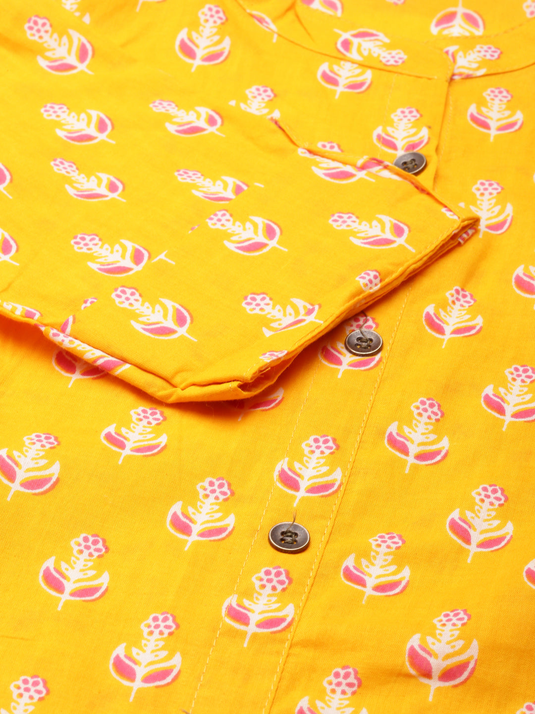 Women's Orange Floral Printed Mandarin Collar Roll Up Sleeves A-Line Kurta