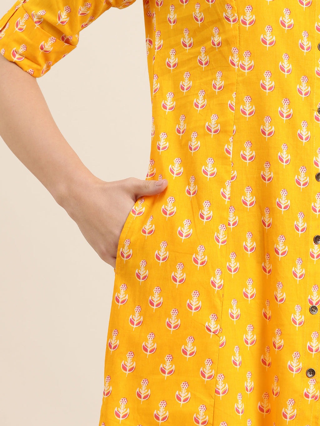 Women's Orange Floral Printed Mandarin Collar Roll Up Sleeves A-Line Kurta