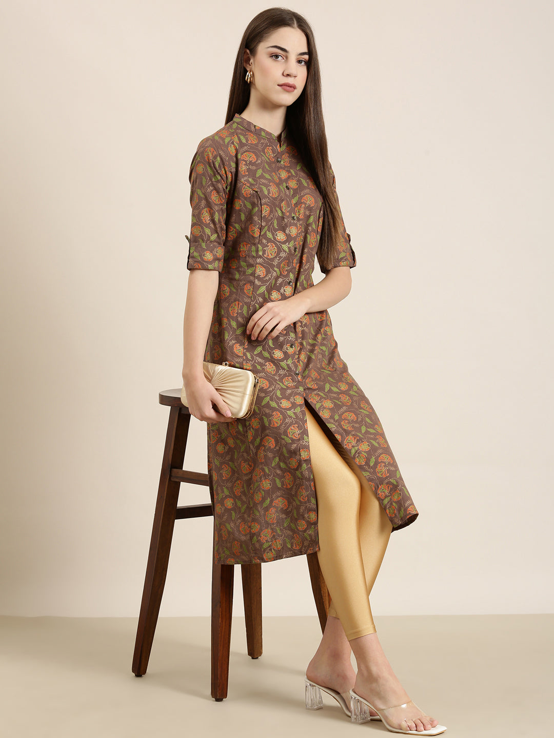 Women's Taupe Ethnic Motifs Printed A-Line Kurta