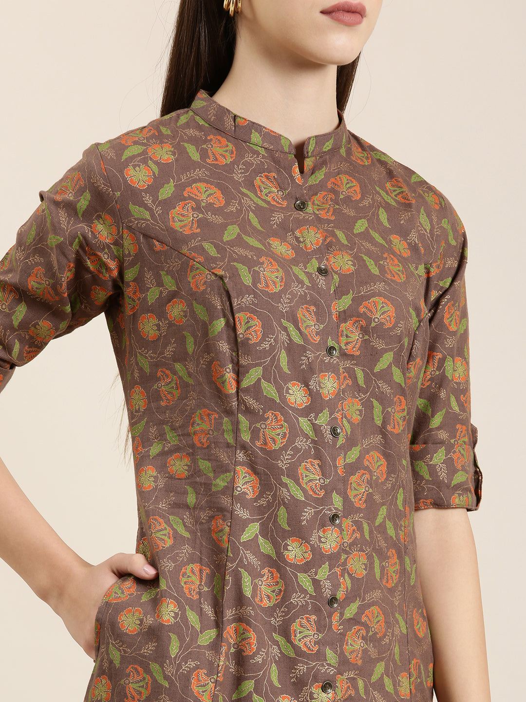Women's Taupe Ethnic Motifs Printed A-Line Kurta