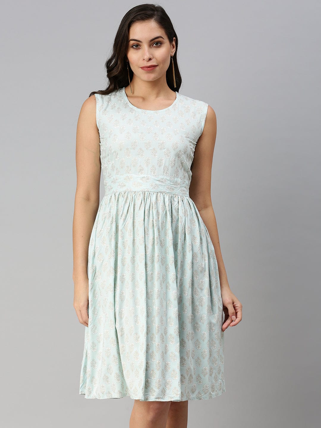 Women's Casual Printed Fit and Flare Blue Dress