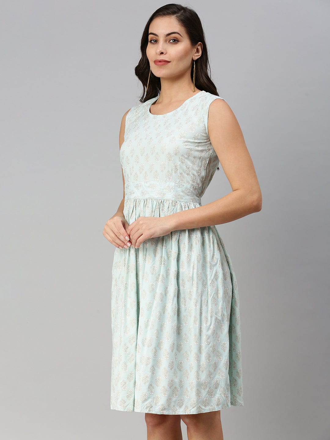 Women's Casual Printed Fit and Flare Blue Dress
