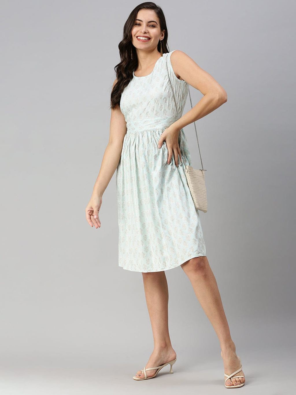 Women's Casual Printed Fit and Flare Blue Dress