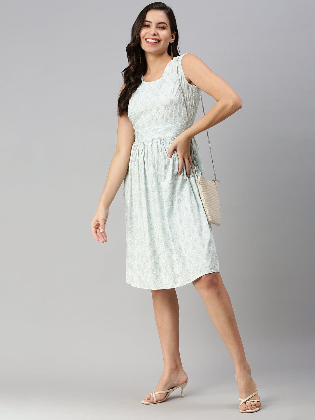 Women's Casual Printed Fit and Flare Blue Dress