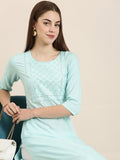Women's Blue Ethnic Motifs Embellished Kurta