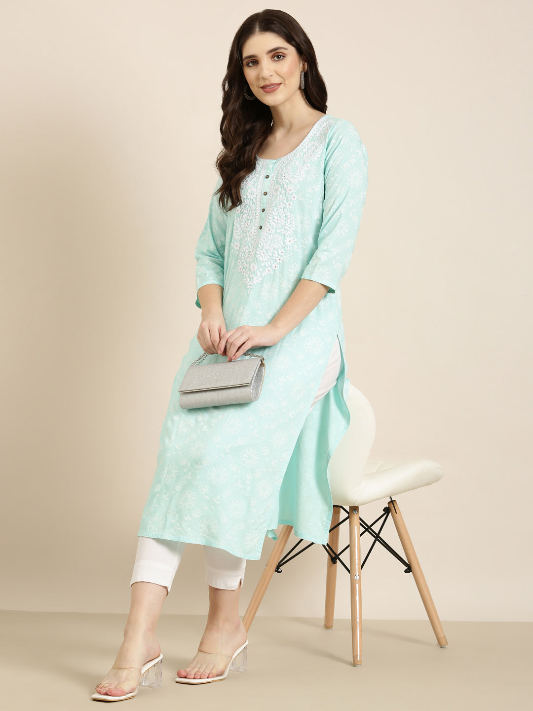 Women's Sea Green Floral Printed Thread Work Straight Kurta