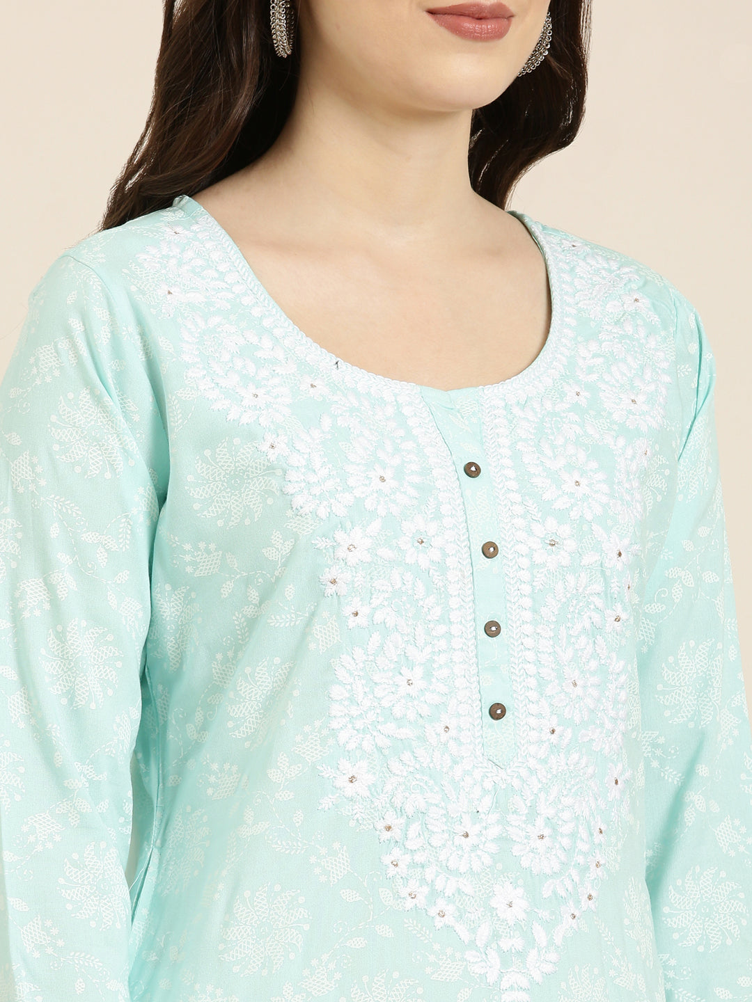 Women's Sea Green Floral Printed Thread Work Straight Kurta