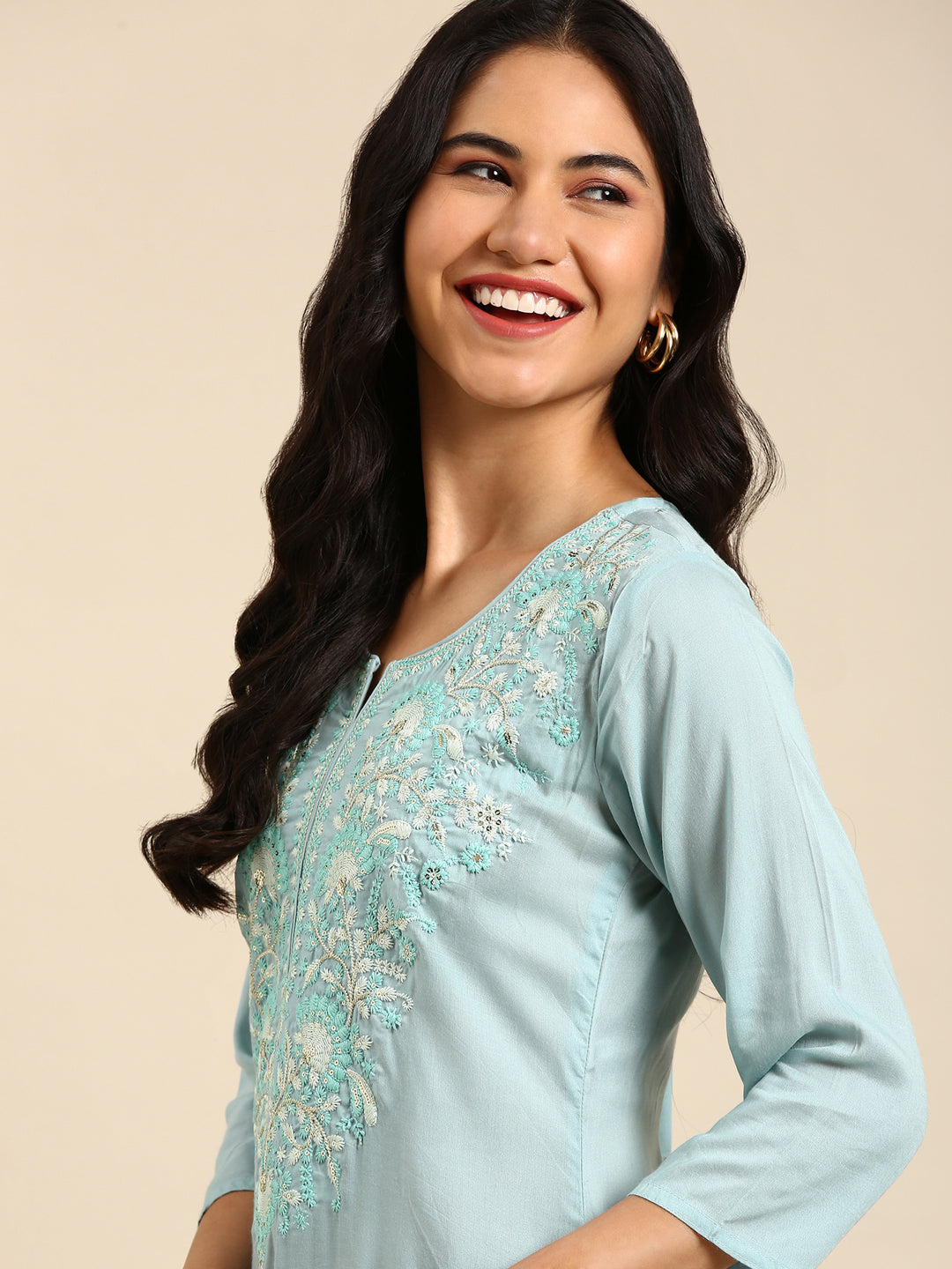 Women's Blue Gotta Patti Chanderi Silk Straight Kurta