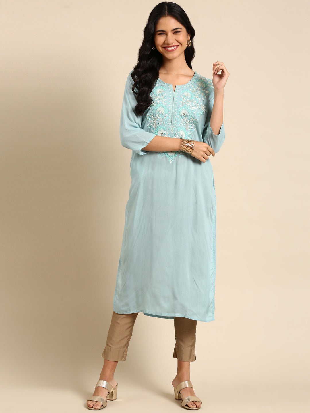 Women's Blue Gotta Patti Chanderi Silk Straight Kurta