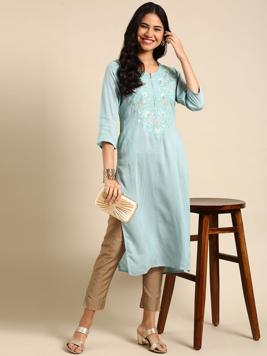 Women's Blue Gotta Patti Chanderi Silk Straight Kurta
