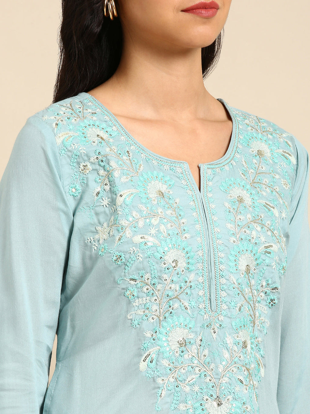 Women's Blue Gotta Patti Chanderi Silk Straight Kurta