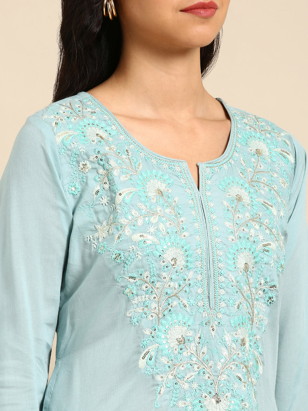 Women's Blue Gotta Patti Chanderi Silk Straight Kurta