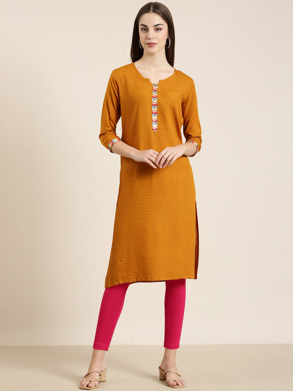 Women's Mustard Round Neck Straight Kurta