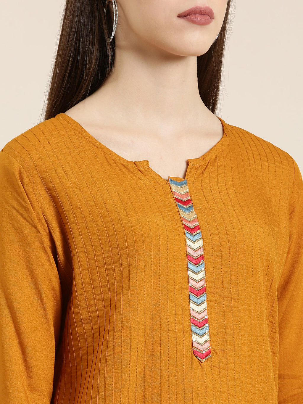 Women's Mustard Round Neck Straight Kurta