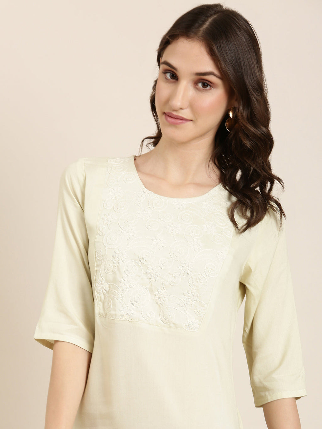 Women's Cream Floral Yoke Design Cotton Straight Kurta
