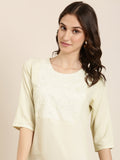 Women's Cream Floral Yoke Design Cotton Straight Kurta