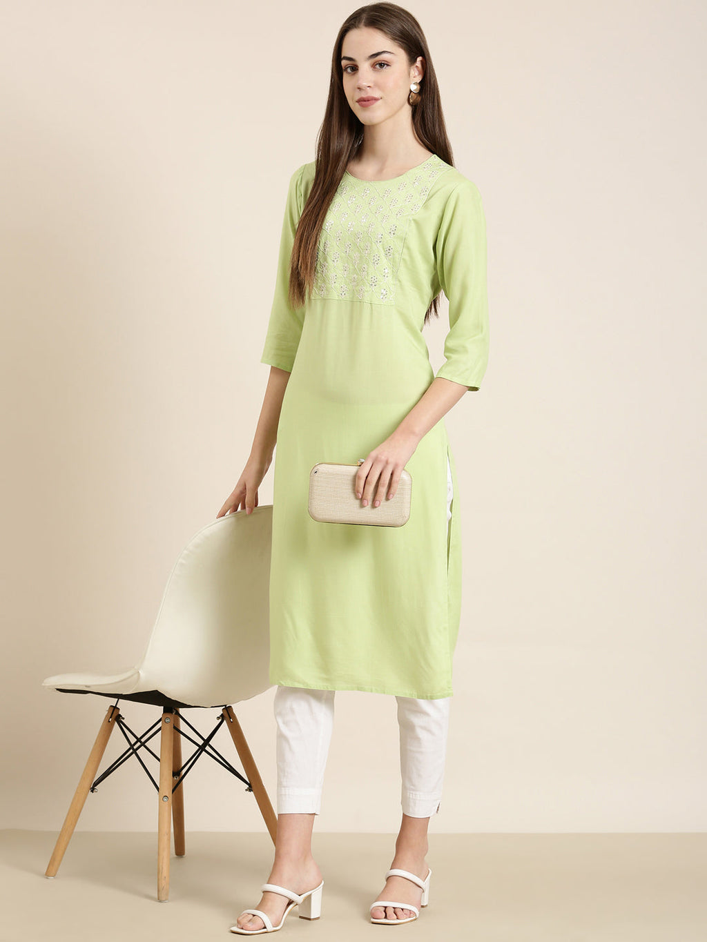 Women's Lime Green Sequinned Round Neck Straight Kurta