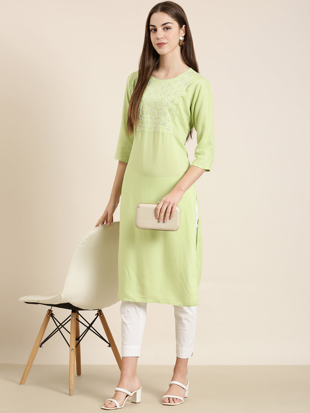 Women's Lime Green Sequinned Round Neck Straight Kurta