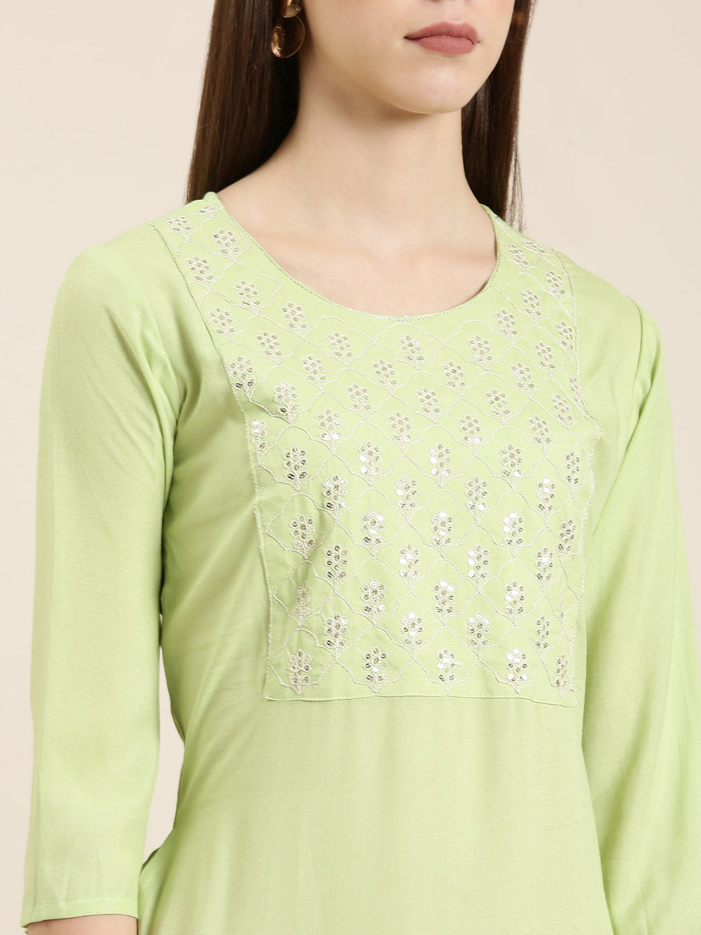 Women's Lime Green Sequinned Round Neck Straight Kurta