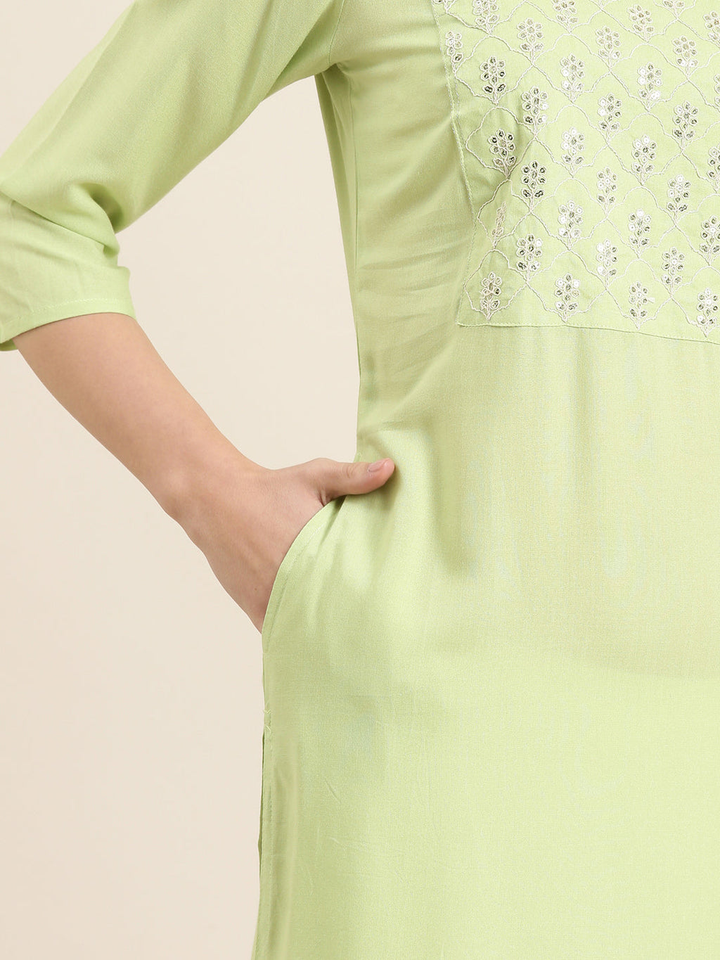 Women's Lime Green Sequinned Round Neck Straight Kurta