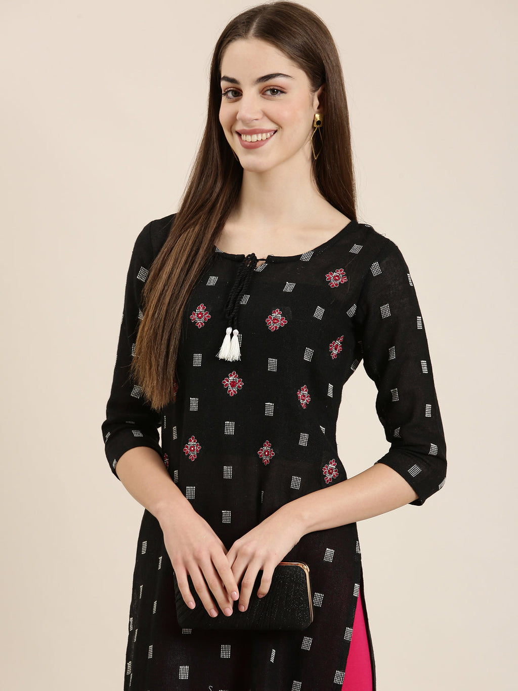 Women's Black Ethnic Motifs Embroidered Tie-Up Neck Straight Kurta