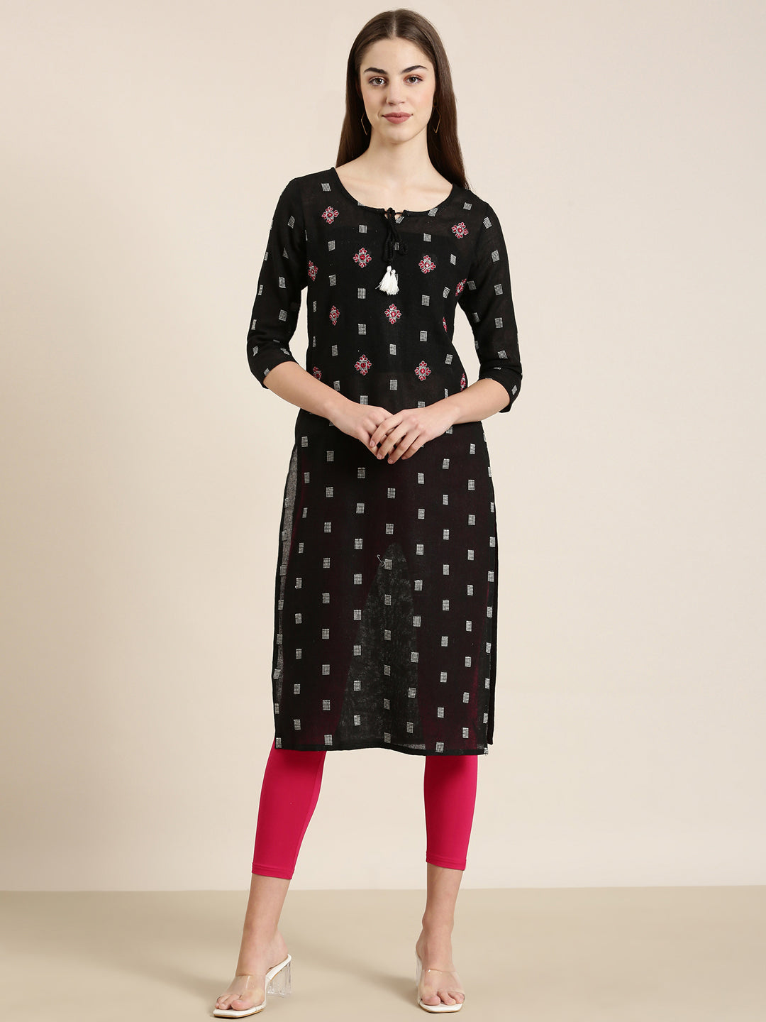 Women's Black Ethnic Motifs Embroidered Tie-Up Neck Straight Kurta