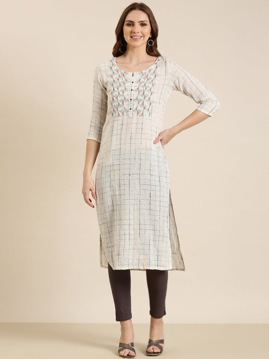 Women's Cream Checked Woven Design Thread Work Cotton Straight Kurta