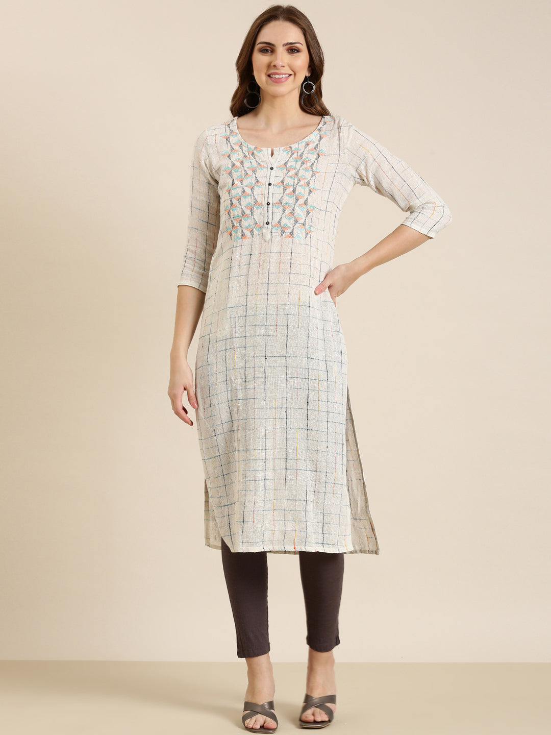 Women's Cream Checked Woven Design Thread Work Cotton Straight Kurta