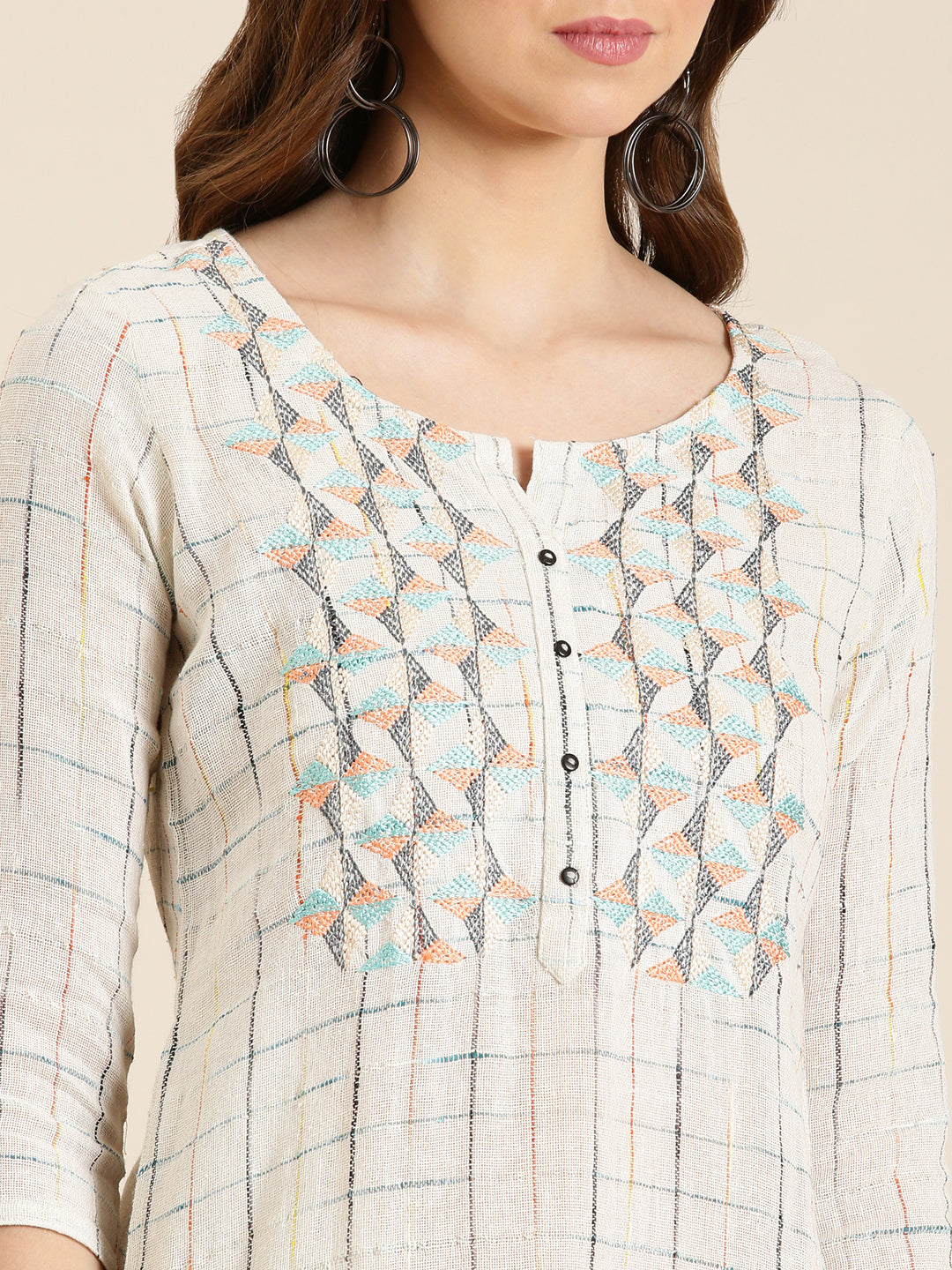 Women's Cream Checked Woven Design Thread Work Cotton Straight Kurta