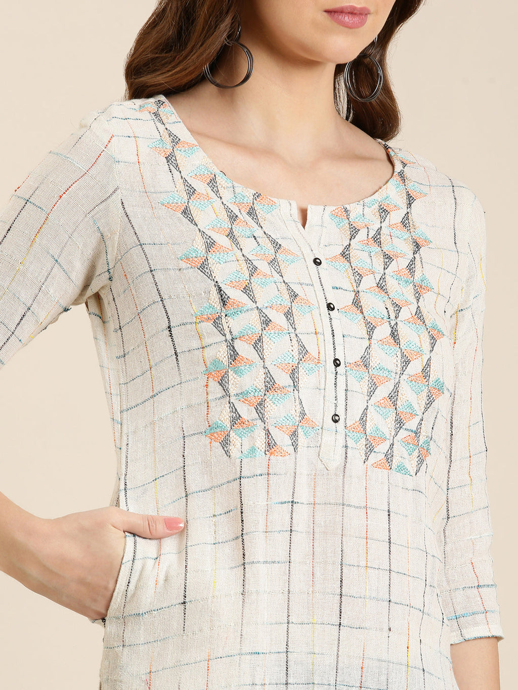 Women's Cream Checked Woven Design Thread Work Cotton Straight Kurta