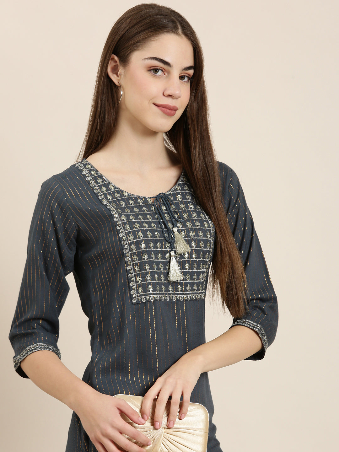Women's Teal Striped Tie Up Neck Sequinned Straight Kurta