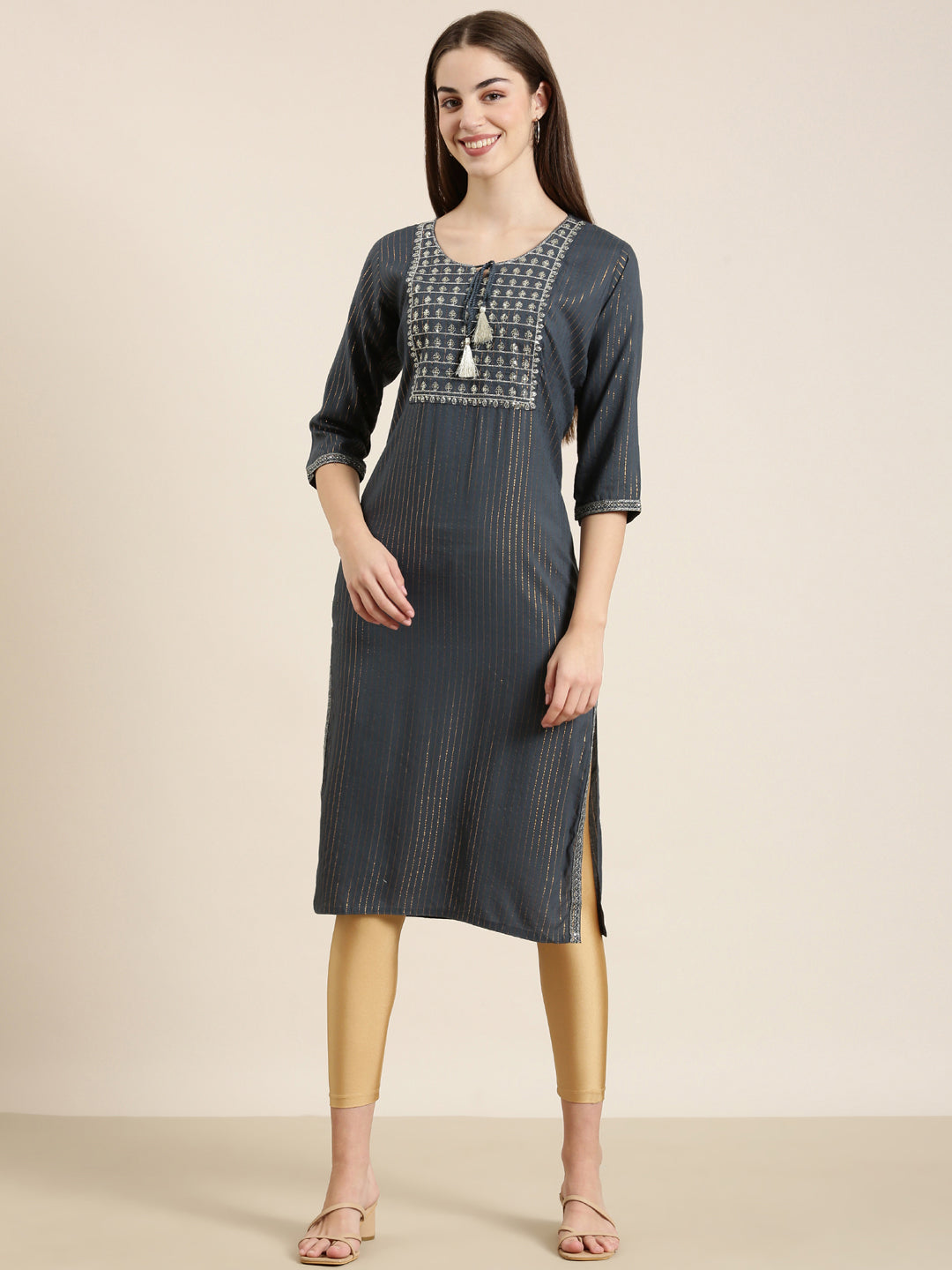 Women's Teal Striped Tie Up Neck Sequinned Straight Kurta
