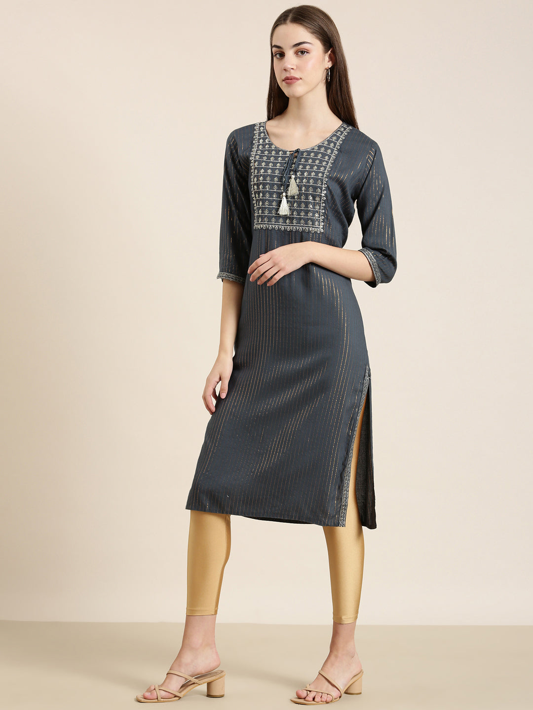 Women's Teal Striped Tie Up Neck Sequinned Straight Kurta